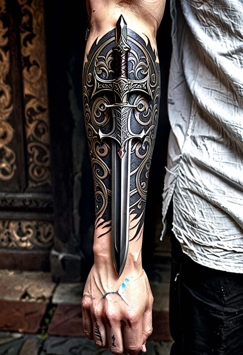 Imagine a tattoo on your arm, portraying a perjurer paladin. The design occupies the entire forearm, starting at the wrist and extending to the elbow. 

At the top, close to the elbow, is the paladin&#39;s face, half covered by helmet, with dark and empty eyes, betraying the corruption of your soul. Fine details show cracks in the helmet and an expression of sadness or anger. 

Down the arm, your full armor is detailed, with cracks and bloodstains. The right hand holds a broadsword, his blade decorated with broken symbols and shrouded in a dark aura. Shadows seem to move around the sword, reinforcing the idea of betrayal.

The background of the tattoo shows a scene of destruction, with ruins of a temple or a devastated battlefield. small details, like broken coats of arms or torn banners, add depth and story to the scene.

The art is done in a realistic style, with intense shading to give depth and a sinister touch, reflecting the decadence and betrayal of the perjurer paladin.