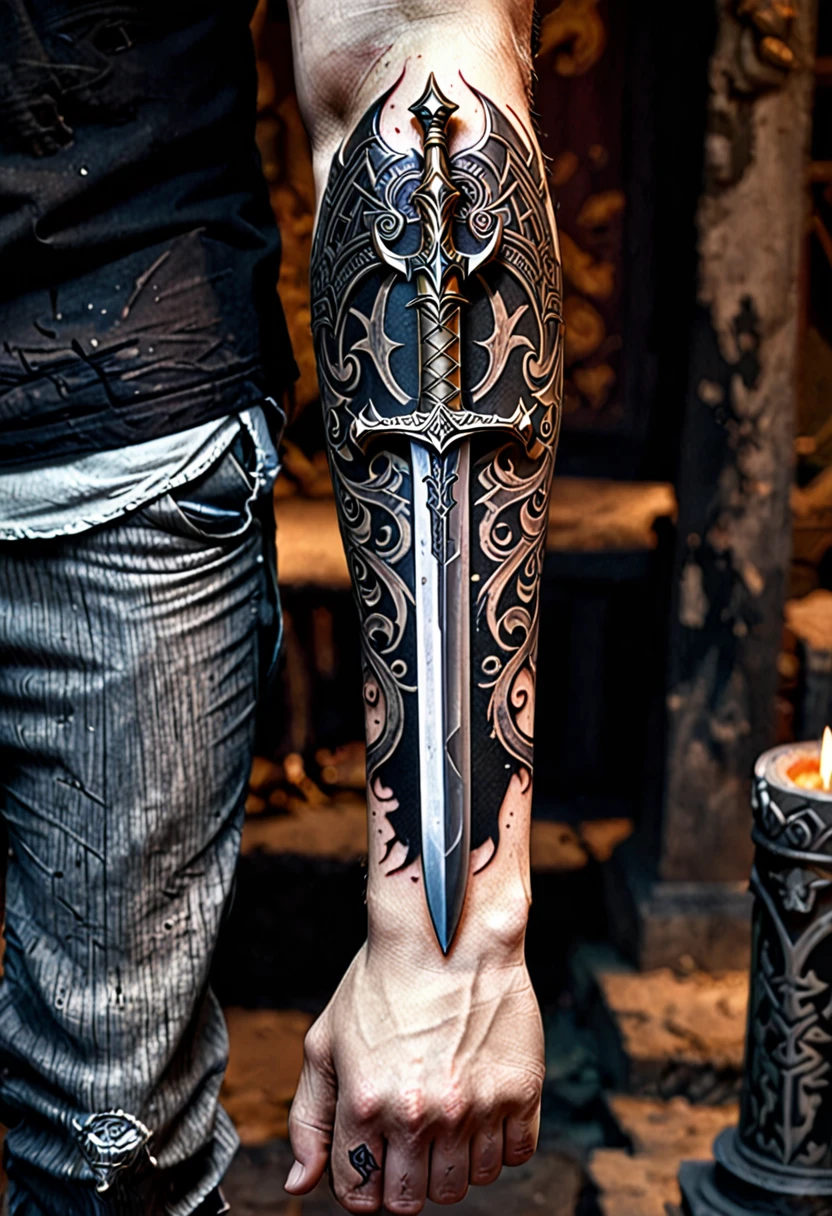 Imagine a tattoo on your arm, portraying a perjurer paladin. The design occupies the entire forearm, starting at the wrist and extending to the elbow.
At the top, close to the elbow, is the paladin's face, half covered by helmet, with dark and empty eyes, betraying the corruption of your soul. Fine details show cracks in the helmet and an expression of sadness or anger.
Down the arm, your full armor is detailed, with cracks and bloodstains. The right hand holds a broadsword, his blade decorated with broken symbols and shrouded in a dark aura. Shadows seem to move around the sword, reinforcing the idea of betrayal.
The background of the tattoo shows a scene of destruction, with ruins of a temple or a devastated battlefield. small details, like broken coats of arms or torn banners, add depth and story to the scene.
The art is done in a realistic style, with intense shading to give depth and a sinister touch, reflecting the decadence and betrayal of the perjurer paladin.