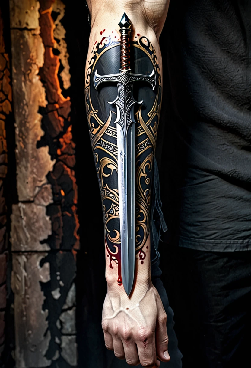 Imagine a tattoo on your arm, portraying a perjurer paladin. The design occupies the entire forearm, starting at the wrist and extending to the elbow. 

At the top, close to the elbow, is the paladin&#39;s face, half covered by helmet, with dark and empty eyes, betraying the corruption of your soul. Fine details show cracks in the helmet and an expression of sadness or anger. 

Down the arm, your full armor is detailed, with cracks and bloodstains. The right hand holds a broadsword, his blade decorated with broken symbols and shrouded in a dark aura. Shadows seem to move around the sword, reinforcing the idea of betrayal.

The background of the tattoo shows a scene of destruction, with ruins of a temple or a devastated battlefield. small details, like broken coats of arms or torn banners, add depth and story to the scene.

The art is done in a realistic style, with intense shading to give depth and a sinister touch, reflecting the decadence and betrayal of the perjurer paladin.