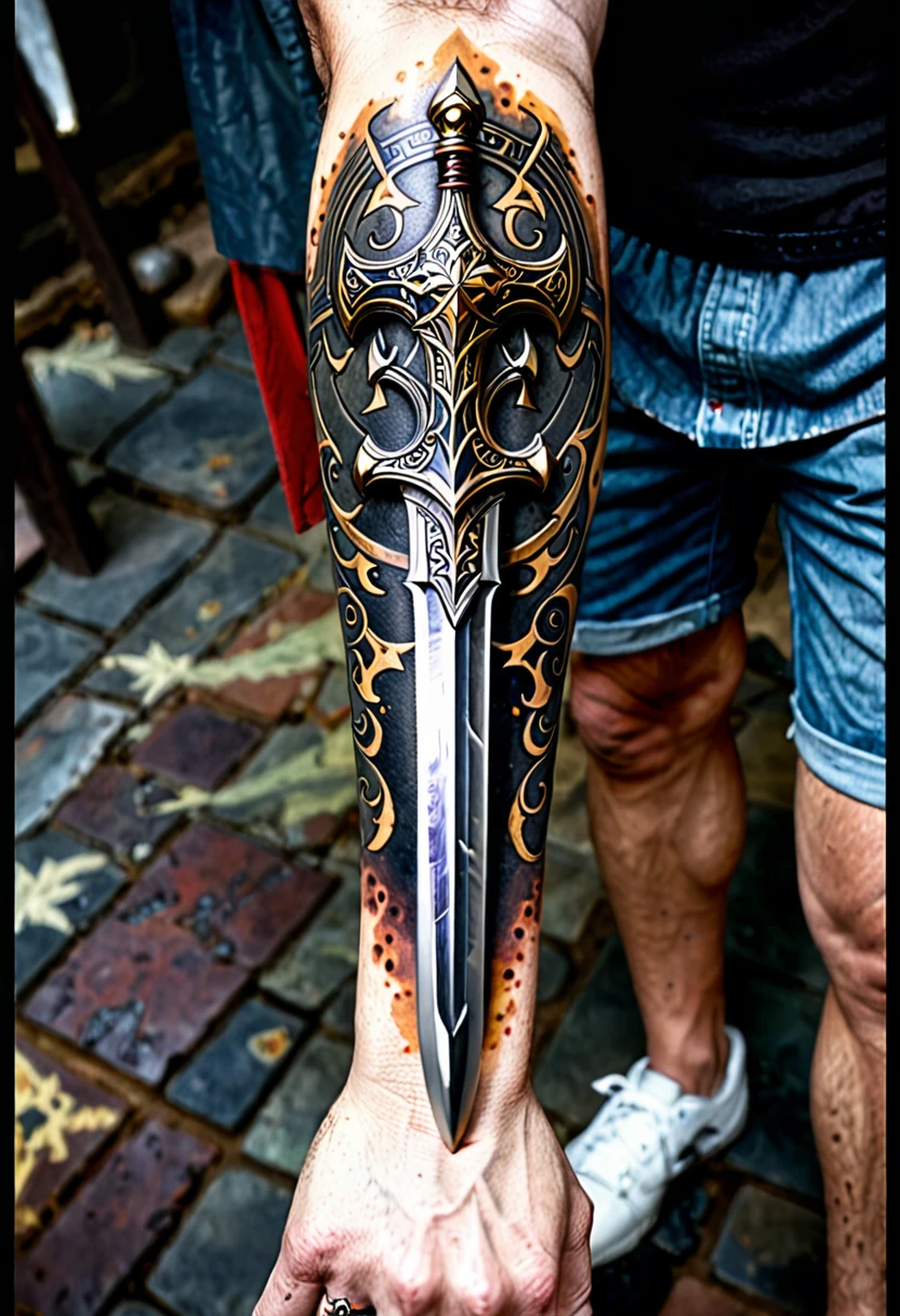 Imagine a tattoo on your arm, portraying a perjurer paladin. The design occupies the entire forearm, starting at the wrist and extending to the elbow.
At the top, close to the elbow, is the paladin's face, half covered by helmet, with dark and empty eyes, betraying the corruption of your soul. Fine details show cracks in the helmet and an expression of sadness or anger.
Down the arm, your full armor is detailed, with cracks and bloodstains. The right hand holds a broadsword, his blade decorated with broken symbols and shrouded in a dark aura. Shadows seem to move around the sword, reinforcing the idea of betrayal.
The background of the tattoo shows a scene of destruction, with ruins of a temple or a devastated battlefield. small details, like broken coats of arms or torn banners, add depth and story to the scene.
The art is done in a realistic style, with intense shading to give depth and a sinister touch, reflecting the decadence and betrayal of the perjurer paladin.