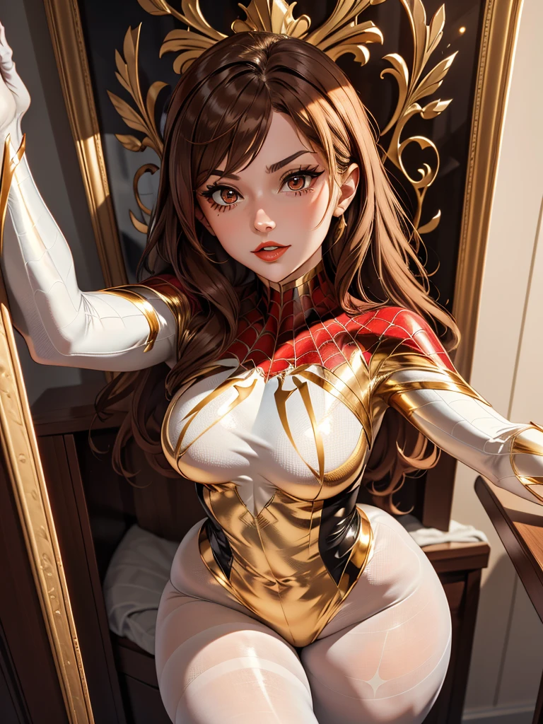 This is Madame, spider woman in gold and white uniform, pantyhose and lingerie 