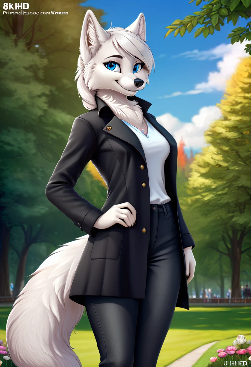 Hairy Women, arctic fox, mammal, A beautiful furry fox girl is standing in a park posing against, She looks at the audience and smiles, She wears a black trench coat, Black pants,looking off to the side, Field of view, sky空, sky, Beautiful blue eyes, Award-winning illustrations|Popular on ArtStation, masterpiece|highly detailed|best quality|HD|8K|uHD|intricate details|extreme_detail