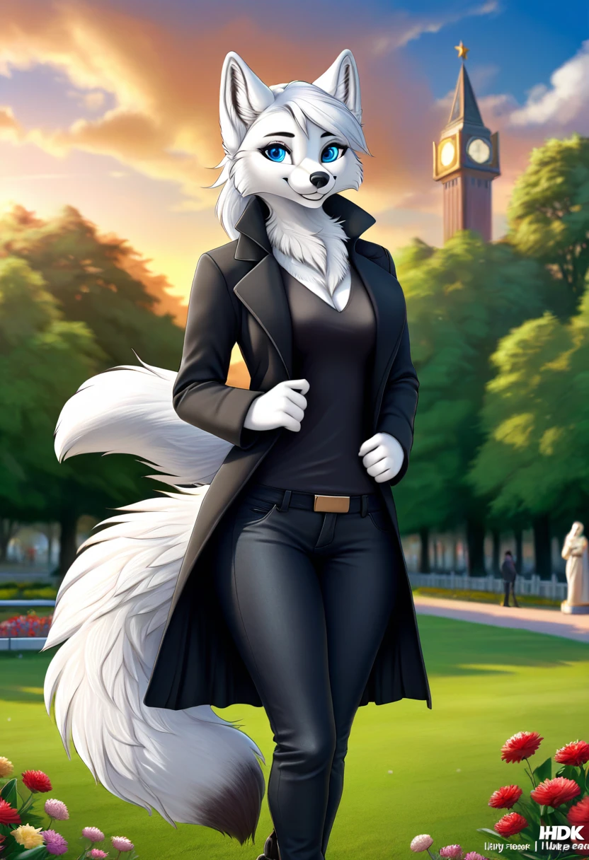 Hairy Women, arctic fox, mammal, A beautiful furry fox girl is standing in a park posing against, She looks at the audience and smiles, She wears a black trench coat, looking off to the side, Field of view, sky空, sky, Beautiful blue eyes, Award-winning illustrations|Popular on ArtStation, masterpiece|highly detailed|best quality|HD|8K|uHD|intricate details|extreme_detail