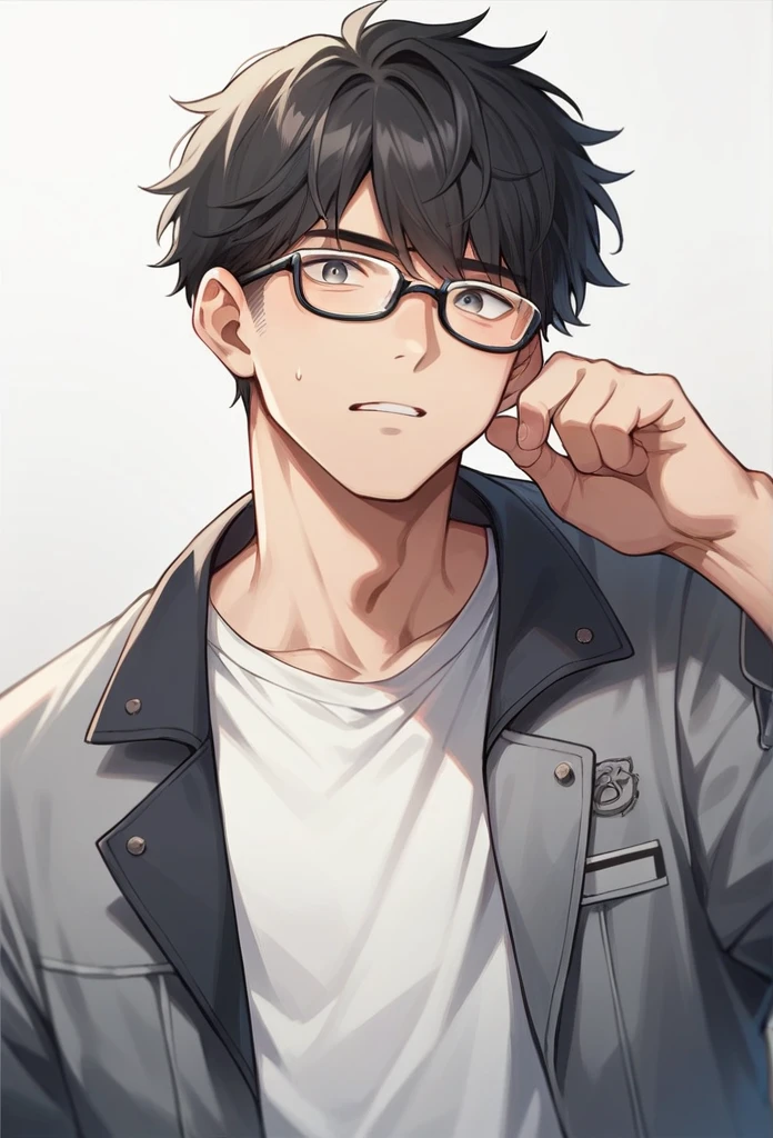Make a 23 year old Korean man with short black hair with bangs, he wears glasses and is wearing a gray jacket over a white t-shirt