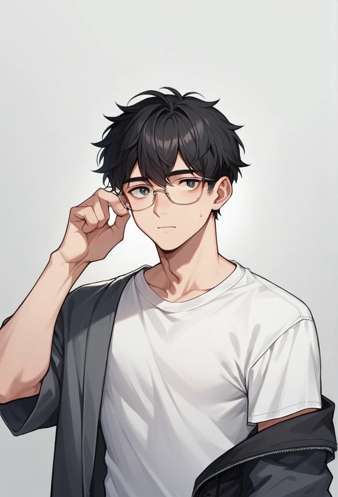 Make a 23 year old Korean man with short black hair with bangs, he wears glasses and is wearing a gray jacket over a white t-shirt 