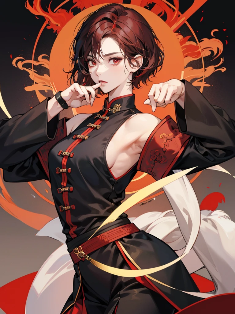 Masterpiece, Best quality, 1 Female, Mature Woman, Elder Sister, Royal Sister, Cold Face, strong, red eyes, short hair, smoky color hair, resolute eyes, simple red Taoist Taoist uniform, black accessories, sarashi, one shoulderancient, Chinese mix morden, blank background, remove background