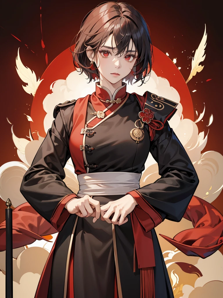 Masterpiece, Best quality, 1 Female, Mature Woman, Elder Sister, Royal Sister, Cold Face, strong, red eyes, short hair, smoky color hair, resolute eyes, simple red Taoist Taoist uniform, black accessories, sarashi, one shoulderancient, Chinese mix morden, blank background, remove background