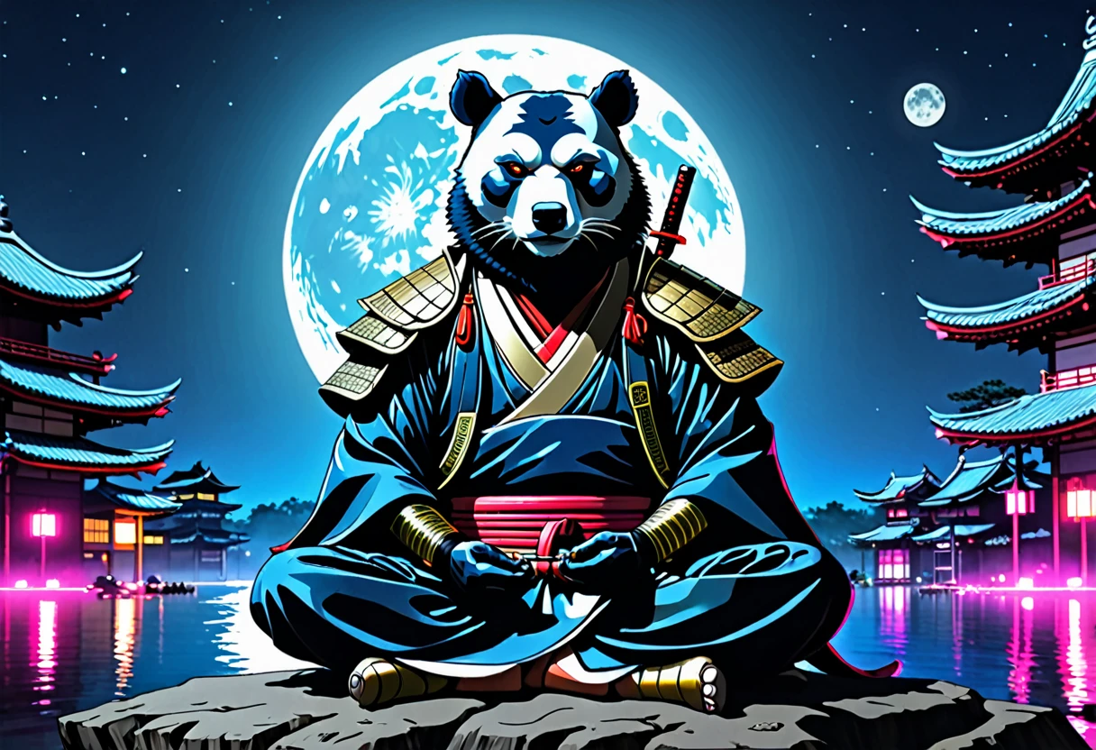 A samurai of Arafed sitting in lotus position with a full moon in the background, Cyberpunk art inspired by Noriyoshi Okita, Trending on Art Station, Afrofuturism, Moon Cow Samurai, very beautiful Cyberpunk Samurai, neon samurai, Cyberpunk Samurai, portrait of a Cyberpunk Samurai, cyborg samurai, Zen Meditation Cyberpunk, Samurai god with carp armor, moon bear samurai