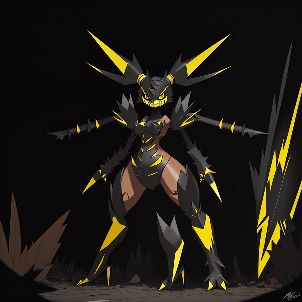 pokemon, evolved, Yellow eyes, Sharp teeth, legendary, rocky looking, skin colored underneath, black with yellow on top, black stripes on the upper part of the body, pointed tail behind, arms with thorns, thick thighs, long legs, alone standing in the middle of a forest, female, smiling maliciously, 3 fingers on hands, 2 claws on feet, small waist, Wide hips, small breasts, covered in black armor, gray body