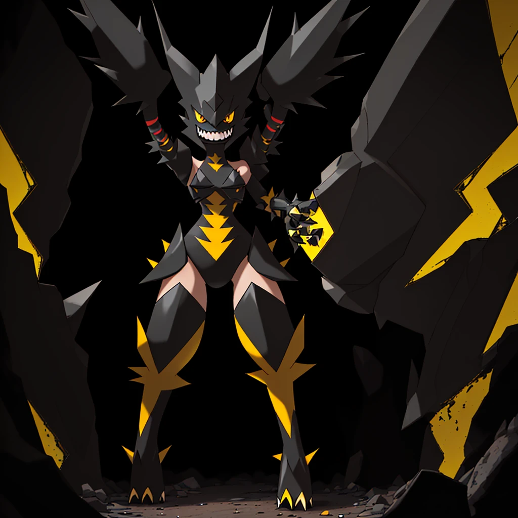 pokemon, evolved, Yellow eyes, Sharp teeth, legendary, rocky looking, skin colored underneath, black with yellow on top, black stripes on the upper part of the body, pointed tail, arms with thorns, thick thighs, long legs, alone standing in the middle of a forest, female, smiling maliciously