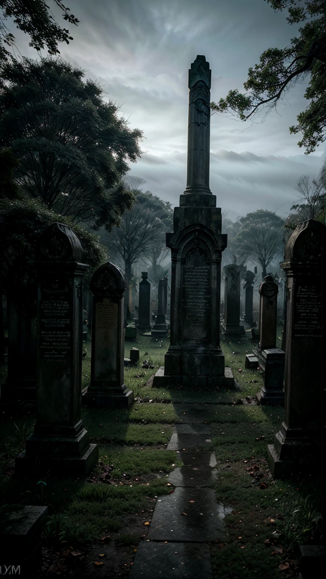 cinematic, abandoned cemetery, fallen and cracked gravestones, open and empty mausoleums, dead vegetation, thick fog covering everything, atmospheric, dramatic lighting, moody colors, gothic architecture, intricate details, eerie ambience, (best quality,4k,8k,highres,masterpiece:1.2),ultra-detailed,(realistic,photorealistic,photo-realistic:1.37),dark and gloomy, melancholic mood, overgrown and neglected, haunting presence, mysterious and mystical
