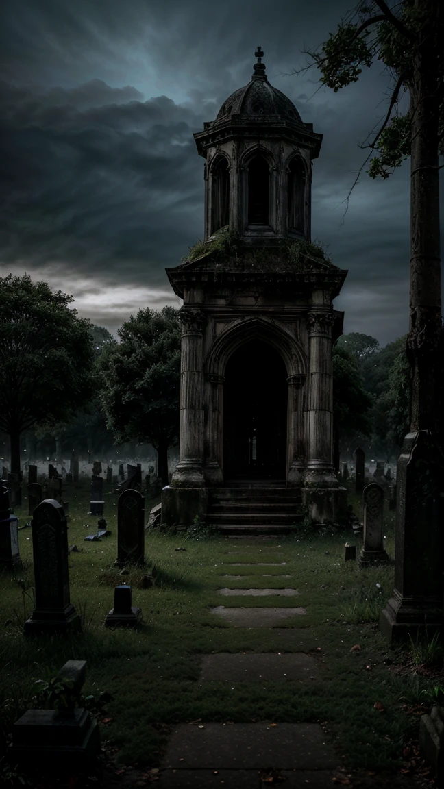 cinematic, abandoned cemetery, fallen and cracked gravestones, open and empty mausoleums, dead vegetation, thick fog covering everything, atmospheric, dramatic lighting, moody colors, gothic architecture, intricate details, eerie ambience, (best quality,4k,8k,highres,masterpiece:1.2),ultra-detailed,(realistic,photorealistic,photo-realistic:1.37),dark and gloomy, melancholic mood, overgrown and neglected, haunting presence, mysterious and mystical