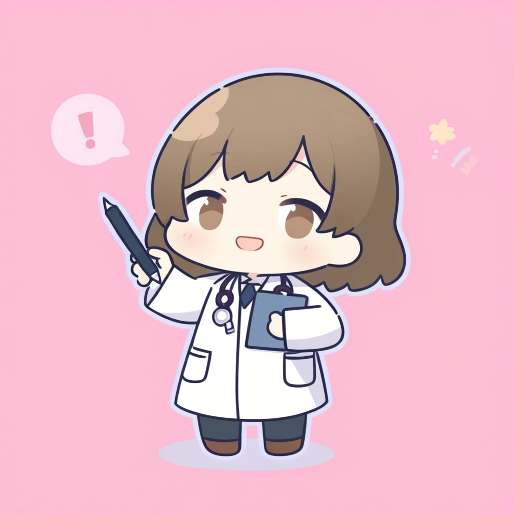 cute, chibi, doctor girl, holding clip board and pen. happy,