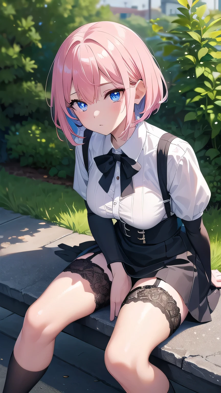 Masterpiece, top quality, best quality, official art, beautiful and aesthetic, anime, 1girl,extremely detailed, colorful, more detailed ((ultra-detailed)), (highly detailed CG illustration),Best Quality, High resolution, Unity 8k Wallpaper, (Illustration:0.8), (Beautiful detailed eyes:1.6), extra detailed face, Perfect Lighting, extremely details CG, (Perfect hands, Perfect Anatomy),street,shops,evening,neonlight,short pink hair, buttons, blue eyes,white shirt,wet shirt,lace bra,lace panties, black skirt, high-waist skirt, black stockings, stocking suspenders, heels, from above, in middle of street, full body shot,sitting in bench, cross legs.