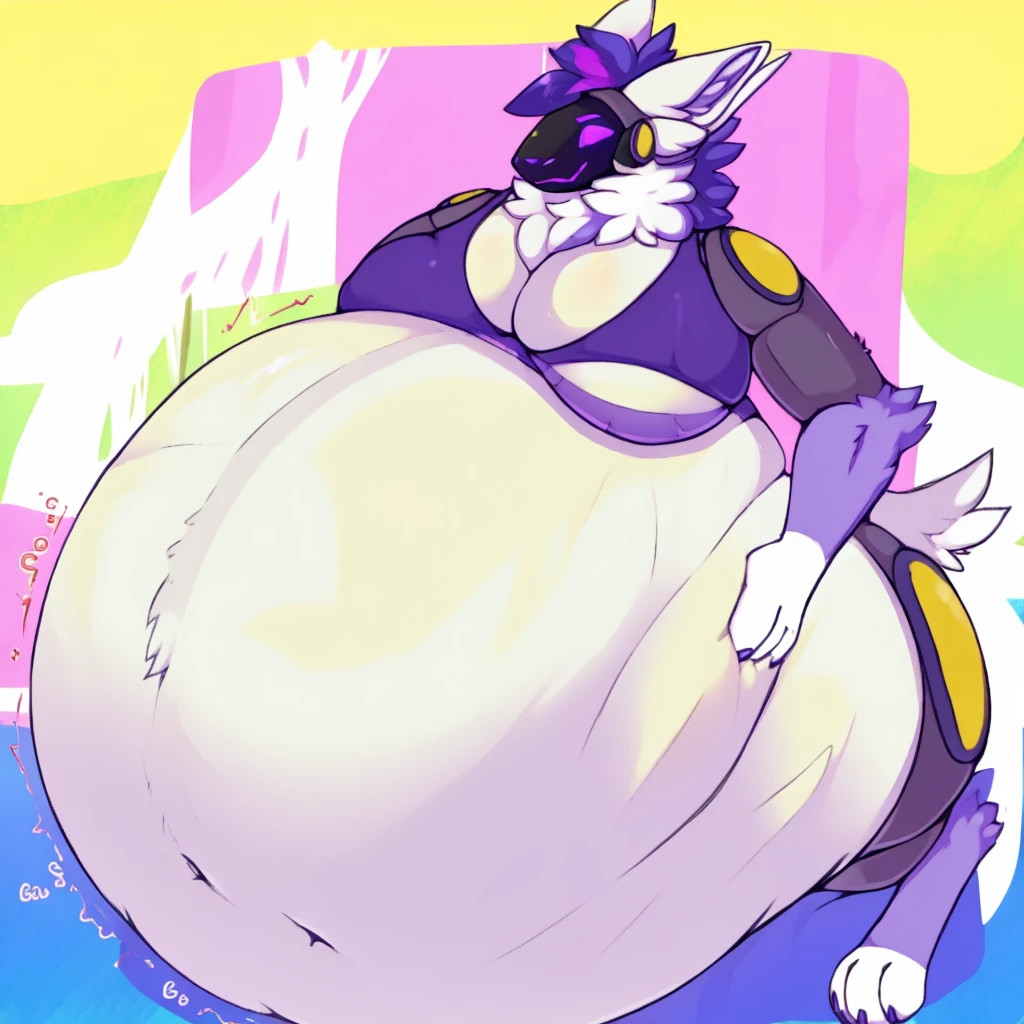 muscular Female Protogen wearing gym clothing, has white fur, has yellow mechnical parts, has purple eyes, fat, overweight, massive belly, vore, huge stomach, no bra, huge boobs, big breasts, gigantic stuffed stomach