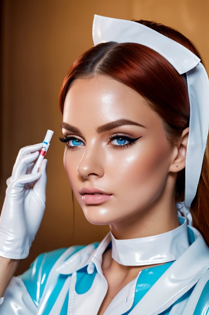 elegant nurse holding syringe filled with liquid, wearing latex nurse french maid dress, latex mask over mouth and nose, latex gloves, auburn hair, beautiful detailed eyes, beautiful detailed lips, extremely detailed eyes and face, long eyelashes, (best quality,4k,8k,highres,masterpiece:1.2),ultra-detailed,(realistic,photorealistic,photo-realistic:1.37),portraits, vivid colors, studio lighting