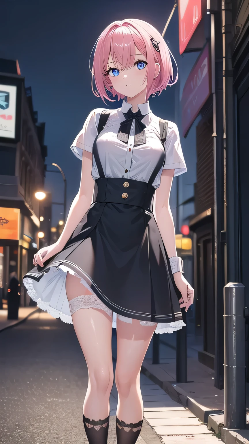 Masterpiece, top quality, best quality, official art, beautiful and aesthetic, anime, 1girl,extremely detailed, colorful, more detailed ((ultra-detailed)), (highly detailed CG illustration),Best Quality, High resolution, Unity 8k Wallpaper, (Illustration:0.8), (Beautiful detailed eyes:1.6), extra detailed face, Perfect Lighting, extremely details CG, (Perfect hands, Perfect ???????),street,shops,evening,neonlight,short pink hair, buttons, blue eyes,white shirt,wet shirt,lace bra,lace panties, black skirt, high-waist skirt, black stockings, stocking suspenders, heels, from below, in middle of street, full body shot,from behind, bend over.