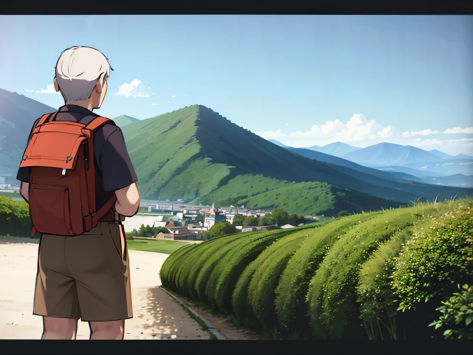 Two old men wearing backpacks and hiking clothes are looking at a beautiful mountain..