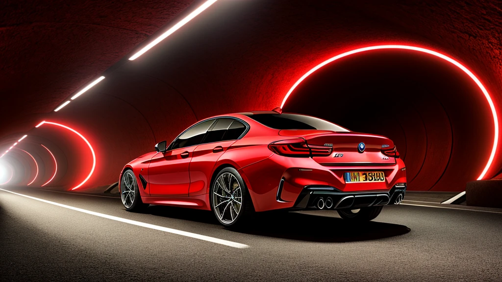 create for me an image of a red luxury BMW car moving inside a tunnel of intense dark and colored lights with rear view