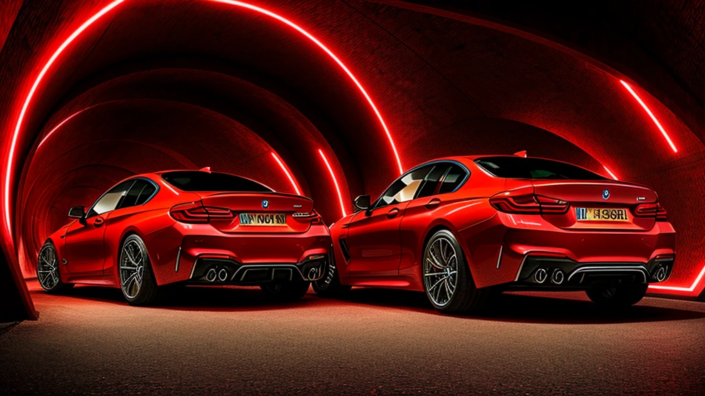 create for me an image of a red luxury BMW car moving inside a tunnel of intense dark and colored lights with rear view