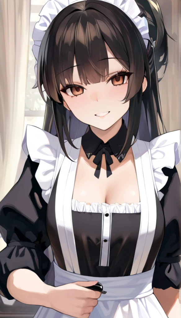 masterpiece, best quality, 1girl, empty eyes, medium-length black haired, brown eyes, maid, smile