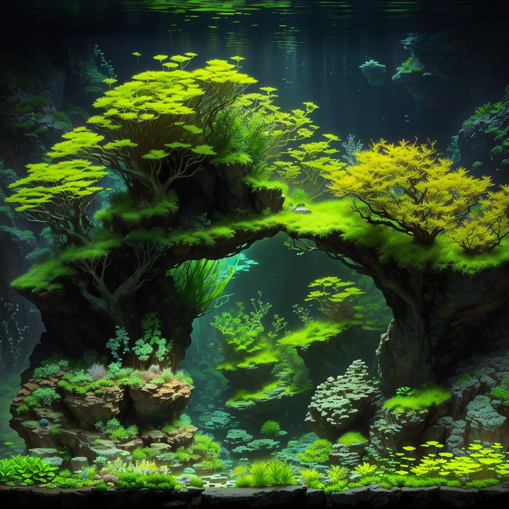 a close-up of an aquarium with plants and rocks, Iwagumi Waterscape, overgrown with aquatic plants, incredible depth, incredible depth, aquatic plants, aquatic plants, underwater plants, beautiful environment, river with low plants, breathtaking composition, in style of kyrill kotashev, impressive depth and detail, underwater landscape, relaxing environment