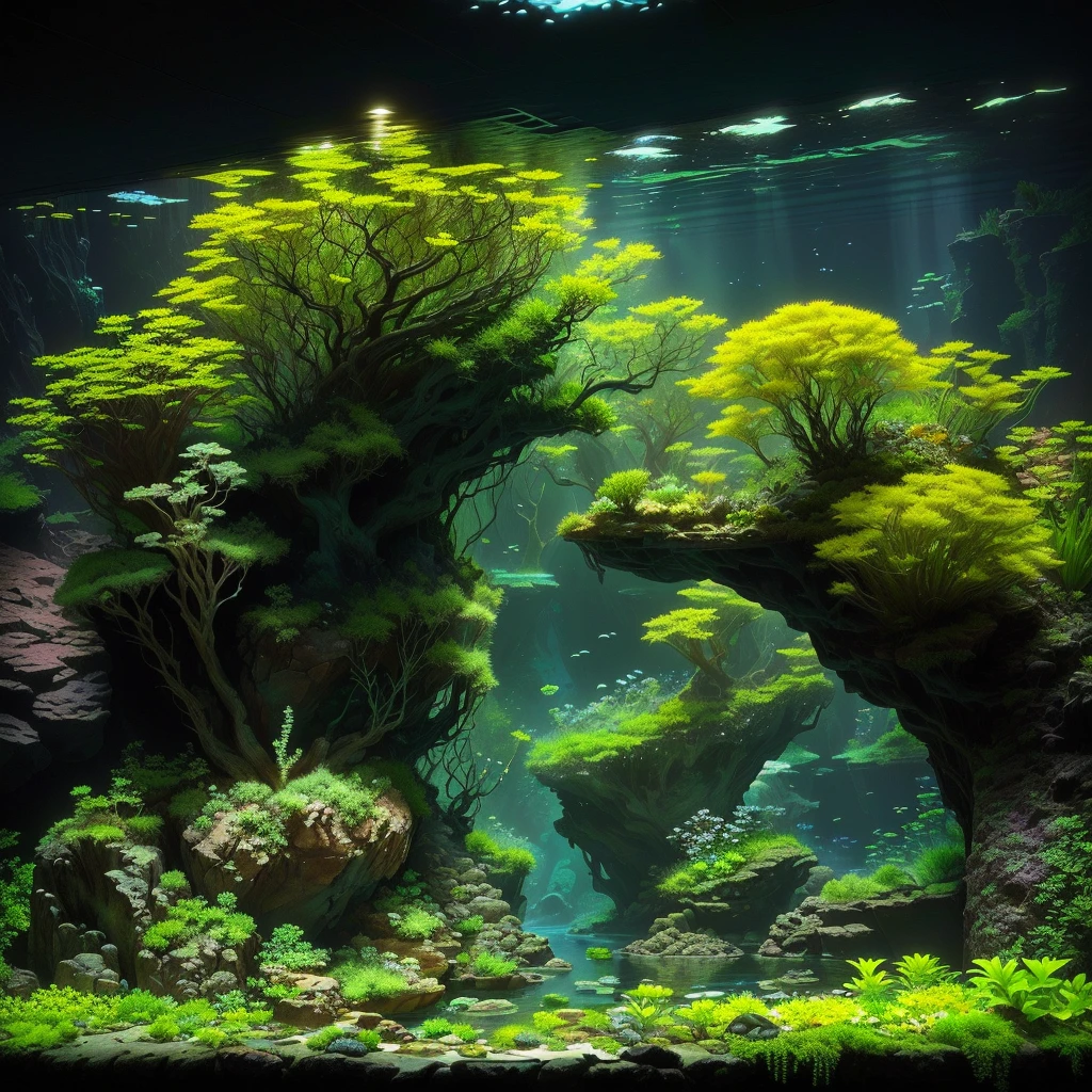 a close-up of an aquarium with plants and rocks, Iwagumi Waterscape, overgrown with aquatic plants, incredible depth, incredible depth, aquatic plants, aquatic plants, underwater plants, beautiful environment, river with low plants, breathtaking composition, in style of kyrill kotashev, impressive depth and detail, underwater landscape, relaxing environment