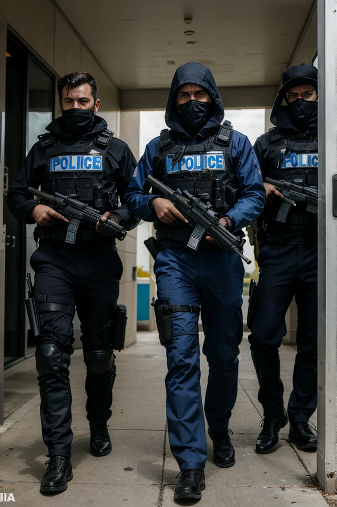 Three male police wearing disguises ambush the cartel headquarters