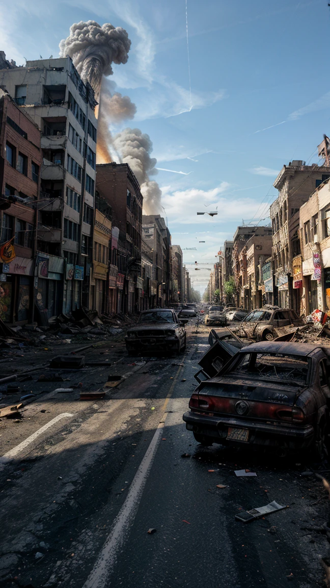 (best quality:1.2),ultra-detailed,(realistic:1.37),view down a war-torn suburban street,rubble,damaged buildings,viewed from ground level,burning cars,fire and smoke,highres,vivid colors,detailed shadows,dramatic lighting,suburbs,hedges and lawns,apocalyptic