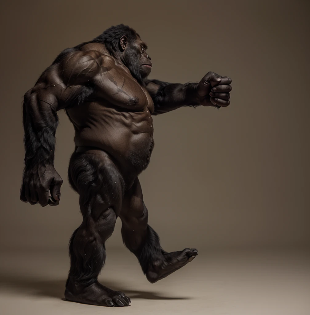 arafed gorilla standing on its hind legs with a white background, gorilla, distant full body view, bigfoot, big foot, full body wide shot, whole body highly detailed, like gorilla, sasquatch,muscular, strong body, full body profile, 1/2 view realistic, full body shot hyperdetailed, highly detailed full body, ( sasquatch, full body close-up shot