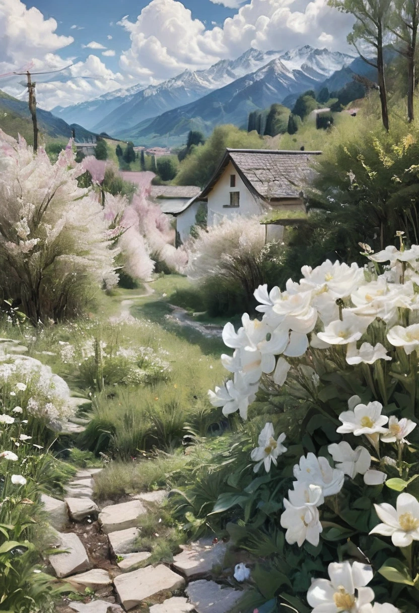 (masterpiece, top quality, Best quality, official art, beautiful and aesthetic: 1.2), I had a wonderful view of the Alps. A wide emerald valley, strewn with small white houses like flowers, ran down freely. The valley was framed by a forest that seemed almost black in the shadow cast by the mountains. The mountains themselves, dotted with deep wrinkles, resembled heavy cumulus clouds, tired and lying down to rest. The real clouds were light, like bird feathers, and, driven by the wind, they flew freely over the snow-strewn peaks.