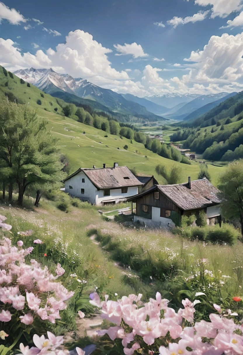 (masterpiece, top quality, Best quality, official art, beautiful and aesthetic: 1.2), I had a wonderful view of the Alps. A wide emerald valley, strewn with small white houses like flowers, ran down freely. The valley was framed by a forest that seemed almost black in the shadow cast by the mountains. The mountains themselves, dotted with deep wrinkles, resembled heavy cumulus clouds, tired and lying down to rest. The real clouds were light, like bird feathers, and, driven by the wind, they flew freely over the snow-strewn peaks.