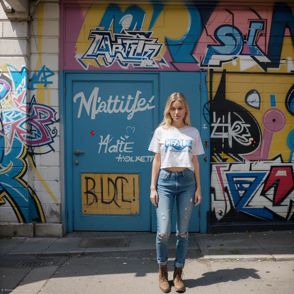 belle blonde marchant dans une rue animée de New York, (vêtue d'un jean déchiré, d'un t-shirt graphique et de bottines, posant avec assurance devant des graffitis artistiques.), très détaillé, 21 ans, visage innocent, Cheveux ondulés naturels, yeux bleus, Haute résolution, chef-d'œuvre, Meilleure qualité, détails complexes, Très détaillé, Netteté, Peau détaillée, Réaliste skin texture, texture, Yeux détaillés, professionnel, 4k, sourire charmant, tourné avec Canon, 85mm, faible profondeur de champ, Couleur de vision Kodak, corps parfaitement ajusté, extrêmement détaillé, Photo_\(ultra\), photoRéaliste, Réaliste, Post-traitement, Détails maximaux, rugosité, vrai vie, ultra Réaliste, photoréalisme, la photographie, 8k euh, la photographie