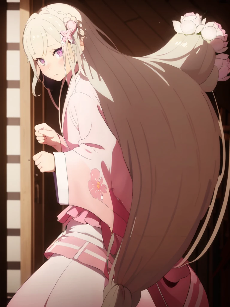 Wavy hair with light brown braids, light green eyes, light skin. Kimetso uniform in yaiba. With white and pink kimono with light flowers. Position as if you were fighting