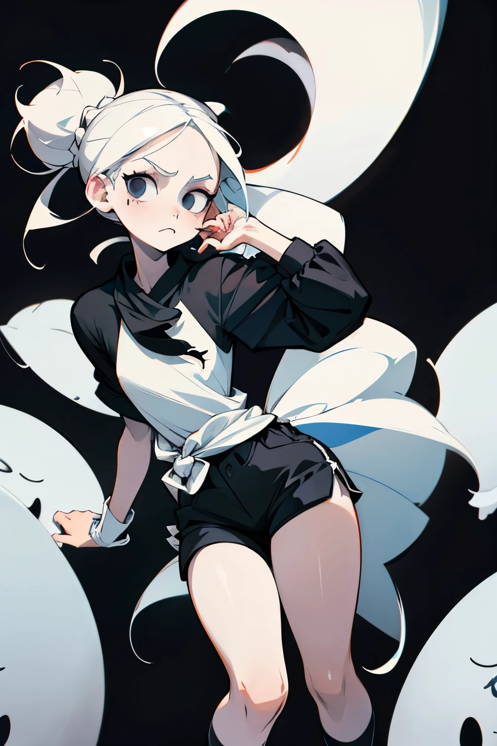 A girl, displaying cartoon, pale white skin, black eyes, long white hair tied up, wearing a black shirt, white shorts, black shoes, with a flat facial expression. 