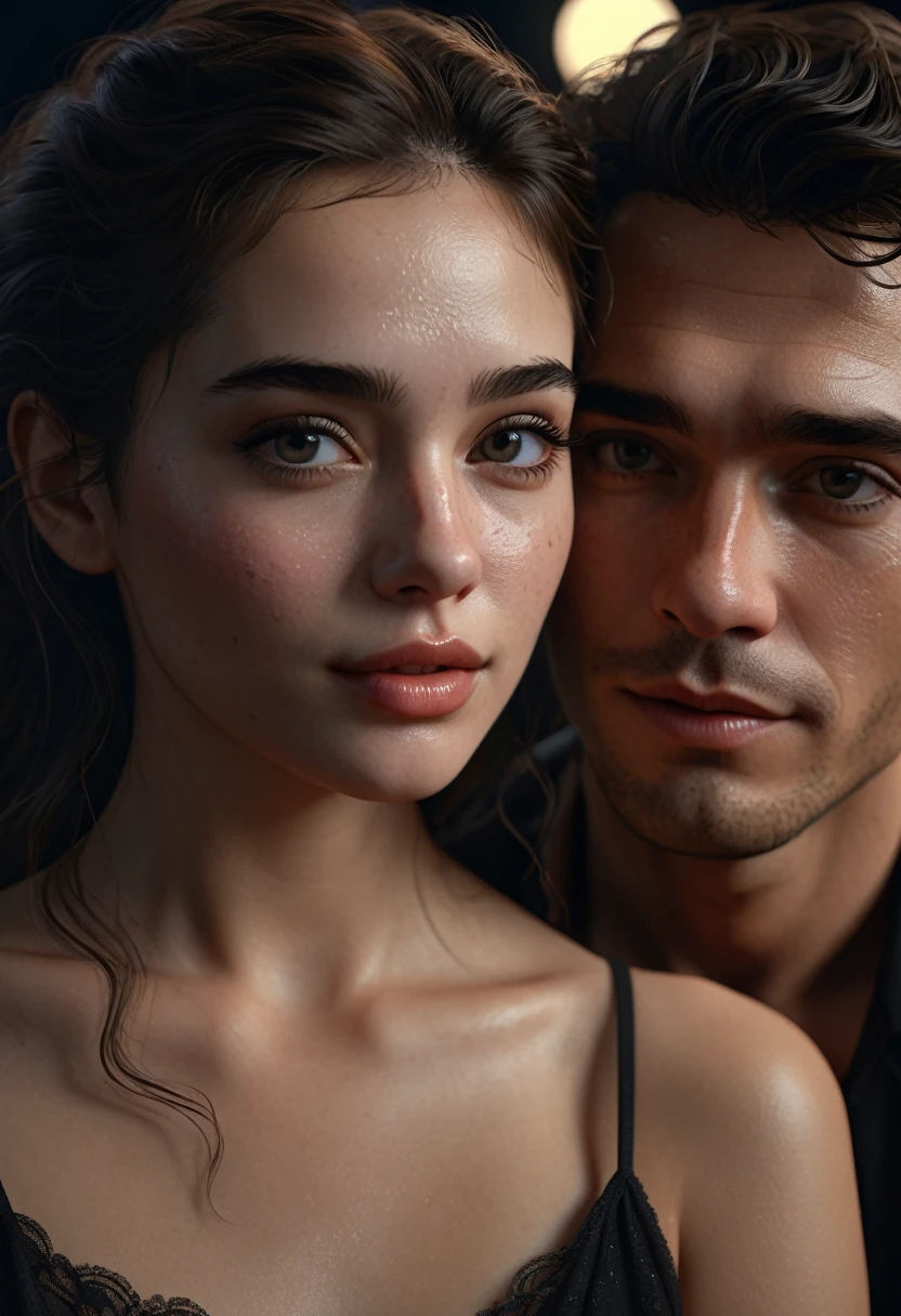 8 k, Best quality, masterpiece, Ultra high resolution, (Realism: 1.4), original photo, (realistic skin texture: 1.3), (Granularity: 1.3),  girl and guy dark style couple in love face details, masterpiece, Best quality, look at the viewer at night