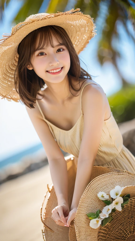 best quality ,masterpiece,ultra high res, very beautiful, kawaii, (photo realistic:1.4), 1girl, Japanese, brown hair, Cinematic, 35mm lens, f/ 1. 8, accent lighting, 8k, sundress, straw hat, Beach Resort, smile, from below, clear sky