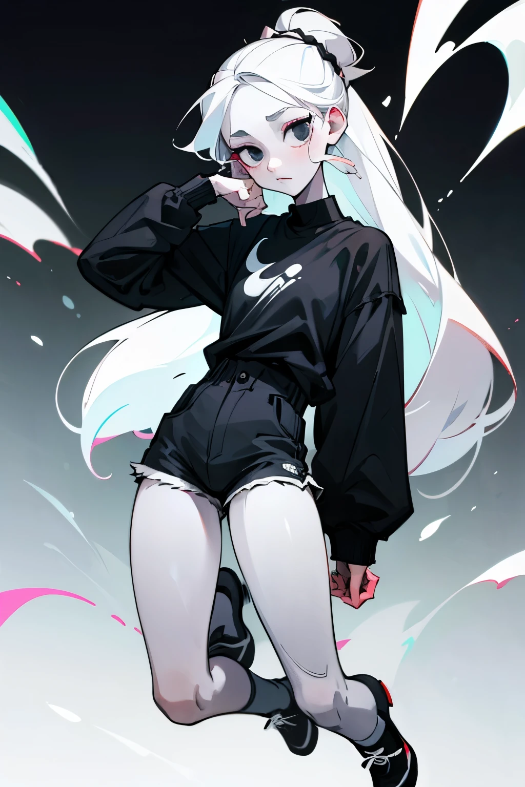 A girl, displaying cartoon, pale white skin, black eyes, long white hair tied up, wearing a black shirt, white shorts, black shoes, with a flat facial expression. 