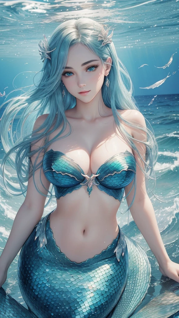 most attractive mermaid , masterpiece, best quality, illustration, Super detailed, fine details, high resolution, 8k wallpaper, Perfect dynamic composition, Beautiful and delicate eyes ,Huge breasts,In the Ocean ,Sexy face,Her face was filled with ecstasy,Facial expressions of sexual desire, looking at the audience,Sexy mermaid, , seducive skin
