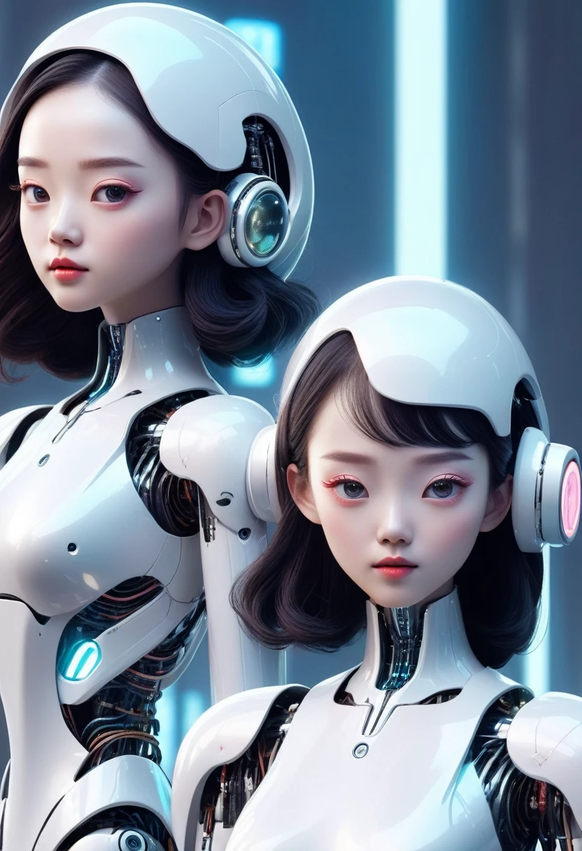 in style of 3D digital illustration, ethereal Shanghai girl, side-by-side comparison, showcasing technology and reality,The illustration on the left depicts her real face the illustration on the right reveals robot face,front view, symmetric, volumetric lighting,minimalist, solid background, high contrast, ultrahigh definition. --ar 3:4 --niji 6