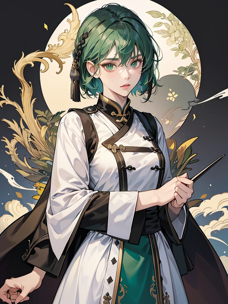 Masterpiece, Best quality, 1 Female, Mature Woman, Elder Sister, Royal Sister, Cold Face, strong, green eyes, short hair, smoky color hair, resolute eyes, simple white Taoist Taoist uniform, black accessories, sarashi, one shoulderancient, Chinese mix morden, blank background, remove background