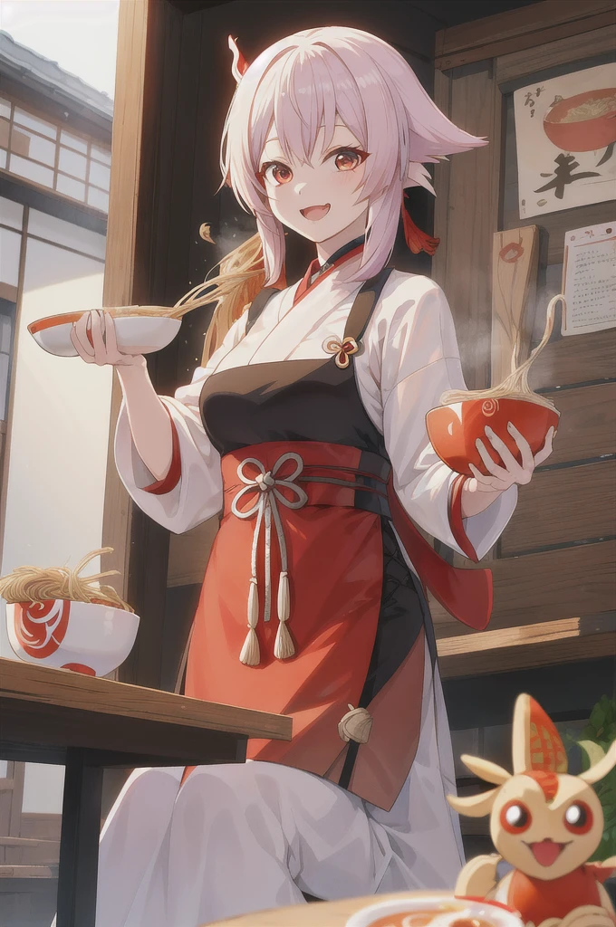Furina from genshin impact eating holding a ramen bowl in her hands, she looks happy and slurps the noodles