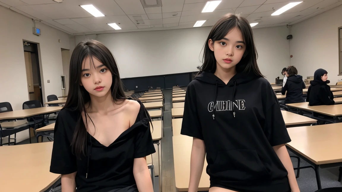 deux femmes ensemble de 18 ans sexy et mince , black short sleeve hoodie , salle de classe, se touche,position sey,sensuel