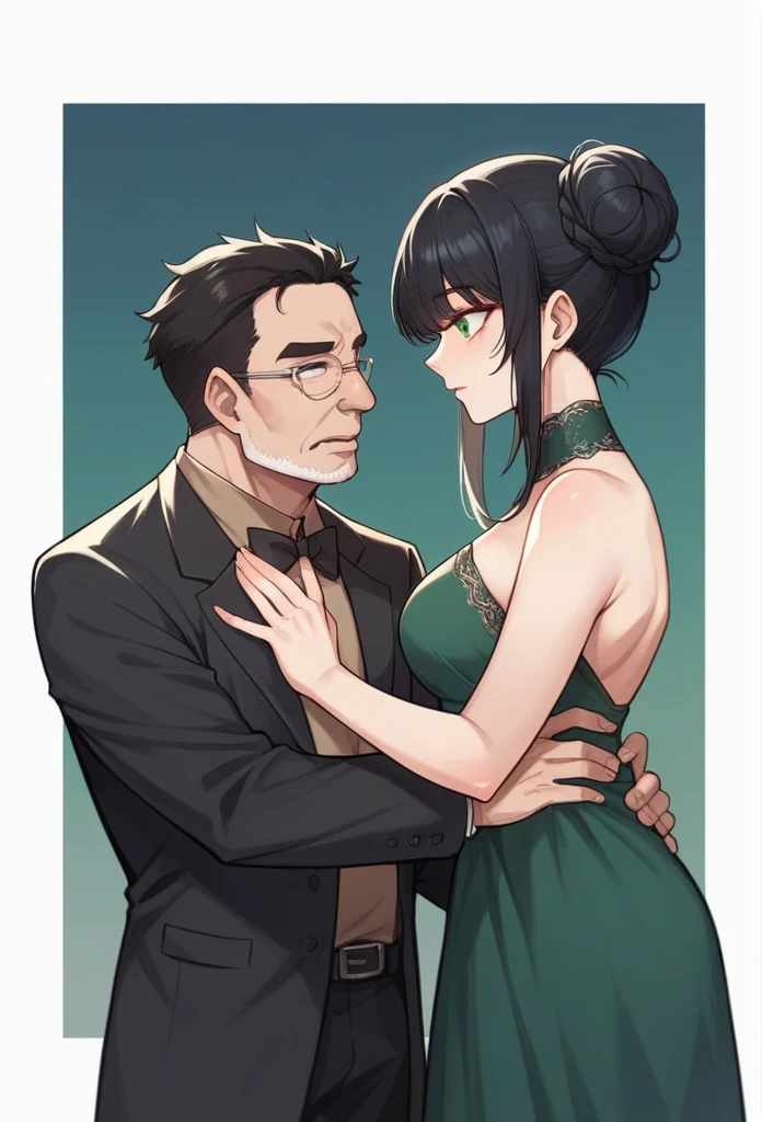 Picture a 43-year-old woman with black hair tied into a curled bun and green eyes wearing a long black dress, Next to her is a 46-year-old Korean man with his hair tied in a black bun wearing a black suit, next to him is an 87 year old Korean man wearing a brown shirt 