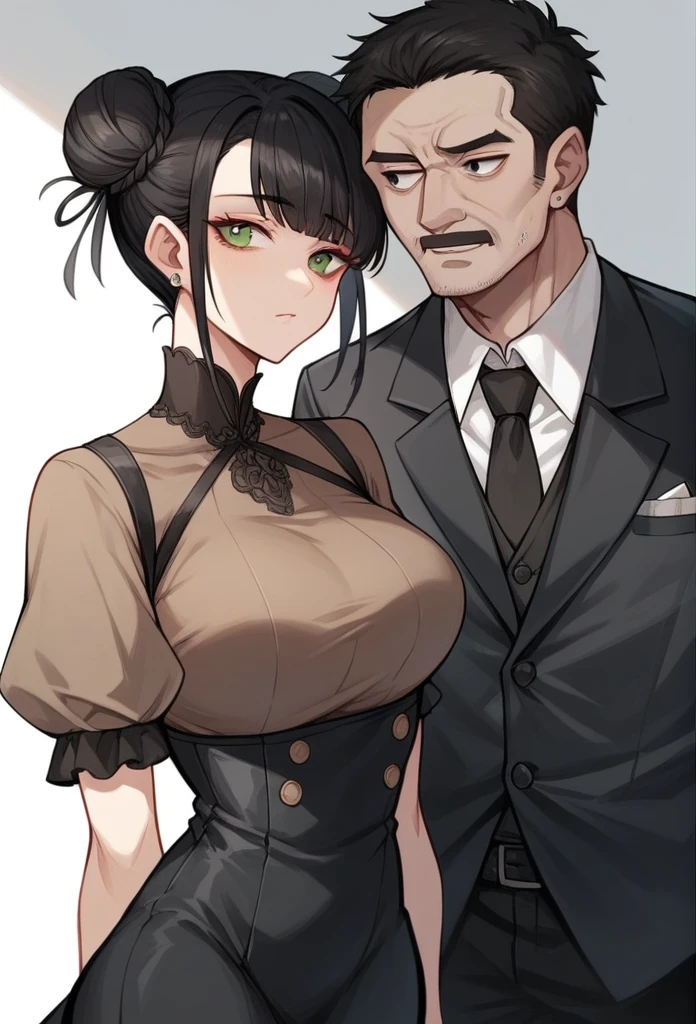 Picture a 43-year-old woman with black hair tied into a curled bun and green eyes wearing a long black dress, Next to her is a 46-year-old Korean man with his hair tied in a black bun wearing a black suit, next to him is an 87 year old Korean man wearing a brown shirt 