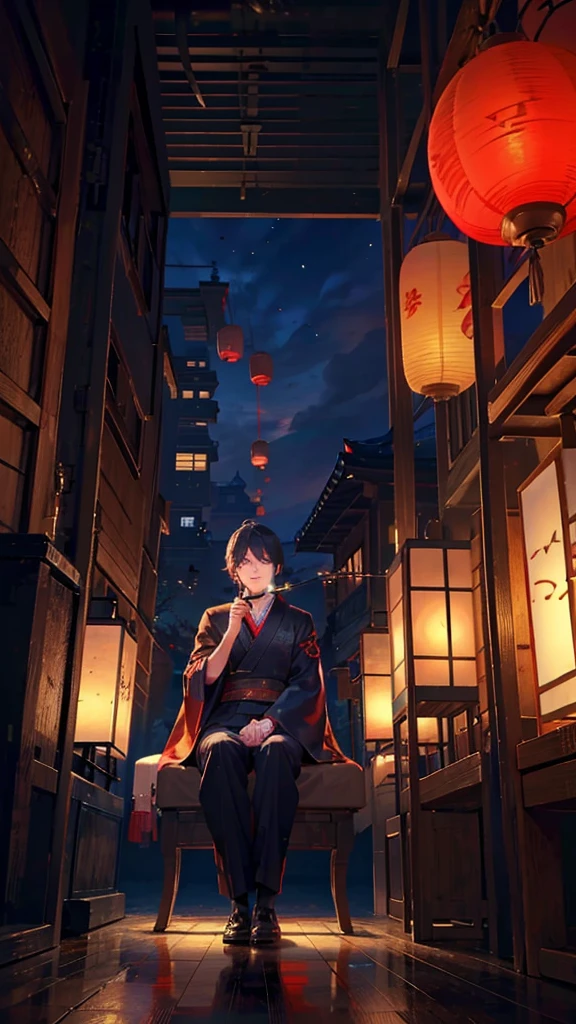 Man holding a smoking pipe,Japanese style architecture,night,Lantern,Sitting,Smoke coming out of his mouth,indoor,high resolution,Handsome,Beautiful depiction,Color Complement,Angle from below,Mesmerizing、Trance
