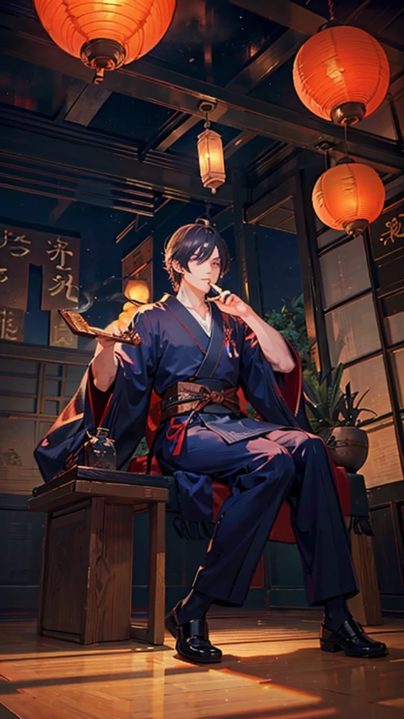 Man holding a smoking pipe,Japanese style architecture,night,Lantern,Sitting,Smoke coming out of his mouth,indoor,high resolution,Handsome,Beautiful depiction,Color Complement,Angle from below,Mesmerizing、Trance