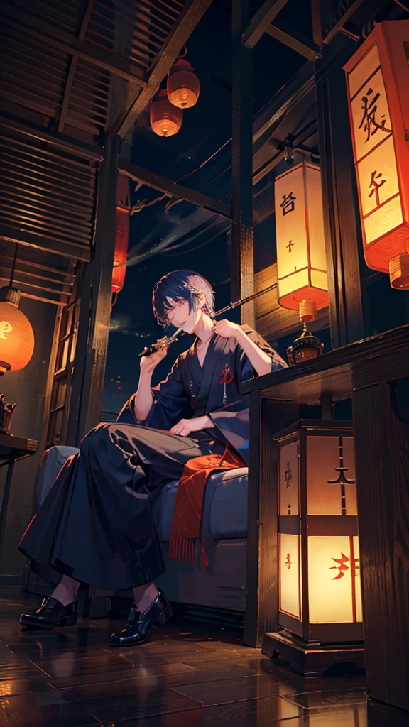 Man holding a smoking pipe,Japanese style architecture,night,Lantern,Sitting,Smoke coming out of his mouth,indoor,high resolution,Handsome,Beautiful depiction,Color Complement,Angle from below,Mesmerizing、Trance