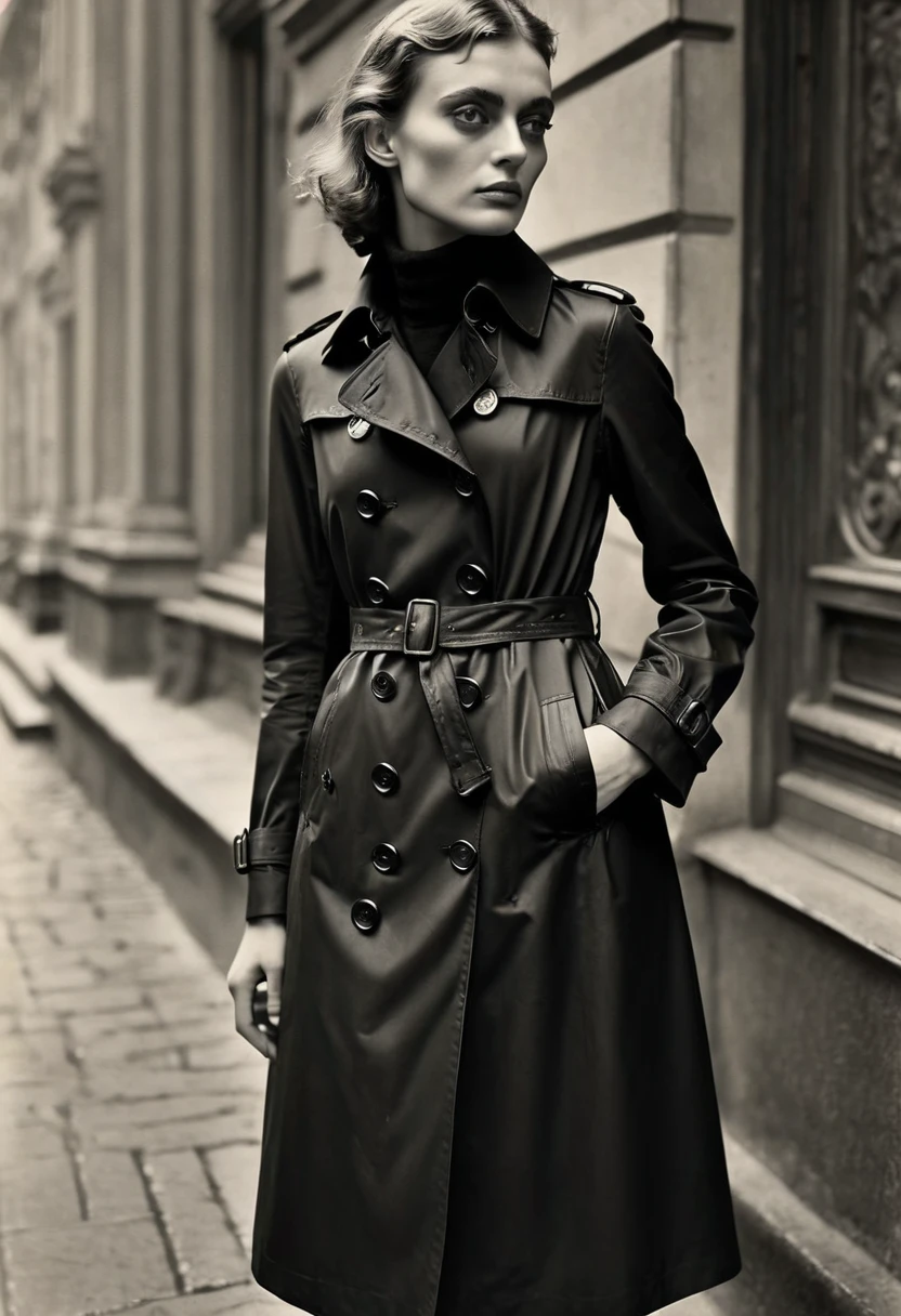 Black Trench Coat, by Ilse Bing, best quality, masterpiece, very aesthetic, perfect composition, intricate details, ultra-detailed