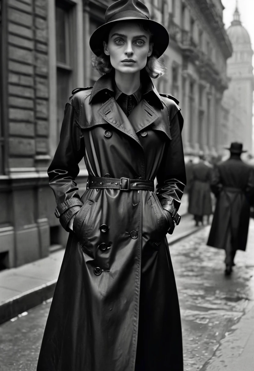 Black Trench Coat, by Ilse Bing, best quality, masterpiece, very aesthetic, perfect composition, intricate details, ultra-detailed
